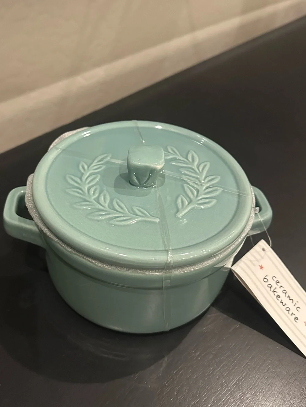 Target Bullseye Sage Green Ceramic Mini Baker w/ Embossed Lid Leaf Wreath
